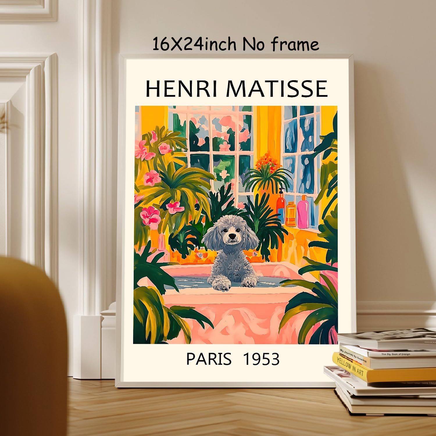 Henri Matisse Wall Art Aesthetic Bathroom Posters Green Botanical Painting Dog in Bathtub Picture Wall Decor Funny Animal Bathroom Artwork Tropical Plant Prints Aesthetic Pink Posters 16x24in Unframed