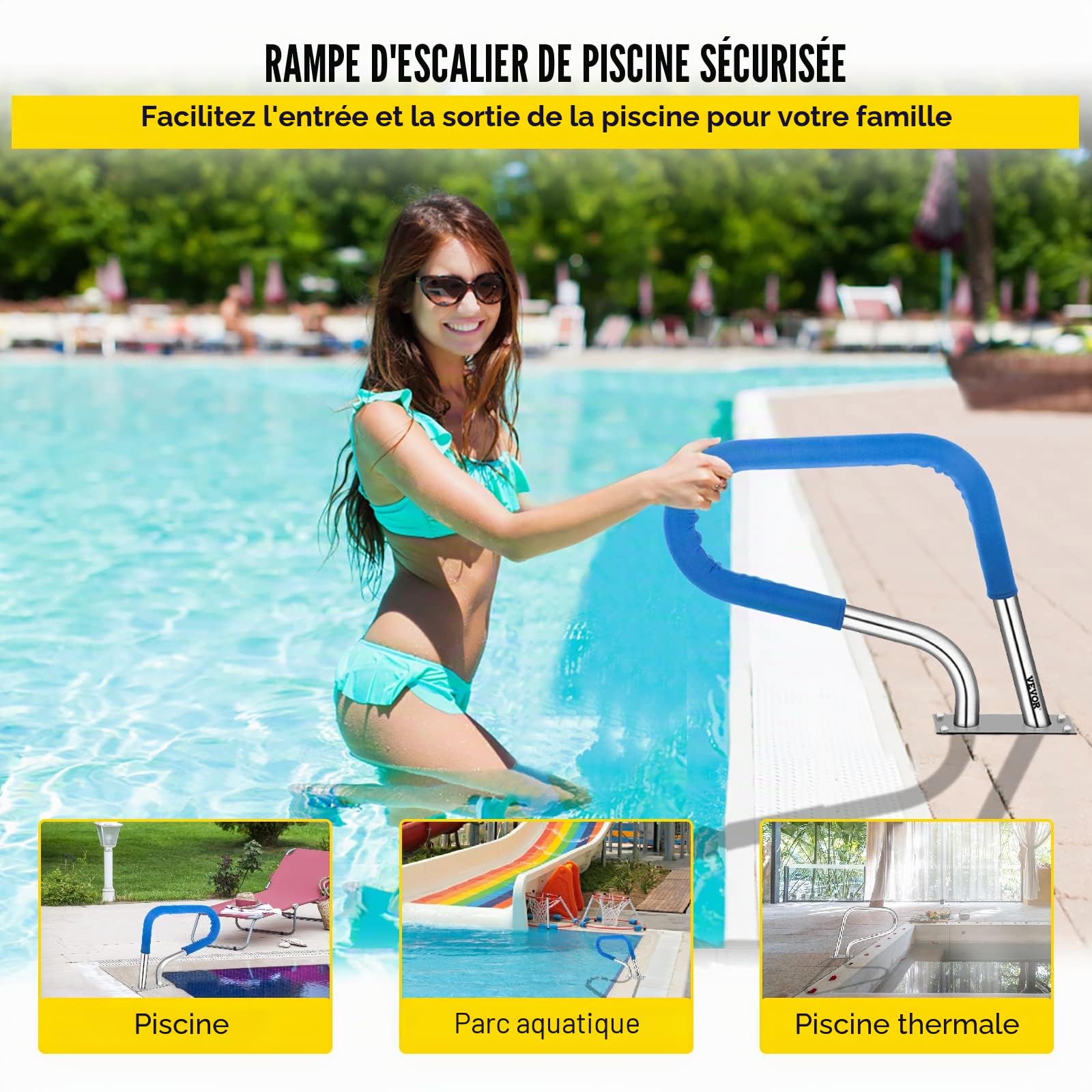 VEVOR Garde-corps de piscine 32x23 en acier inoxydable 304 capacité de charge 250LBS main courante de piscine argentée antirouille, couvercle de poignée bleu et forets M8 et vis autotaraudeuses
