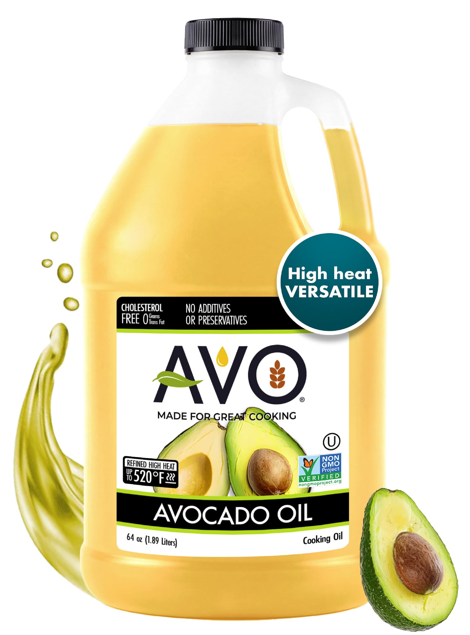 Bulk Avocado Oil for Cooking Half Gallon (64 fl oz), Non-GMO Certified, No Preservatives, High Smoke Point 500°F, Neutral Flavor, Gluten-Free, Plant-Based, OU Kosher
