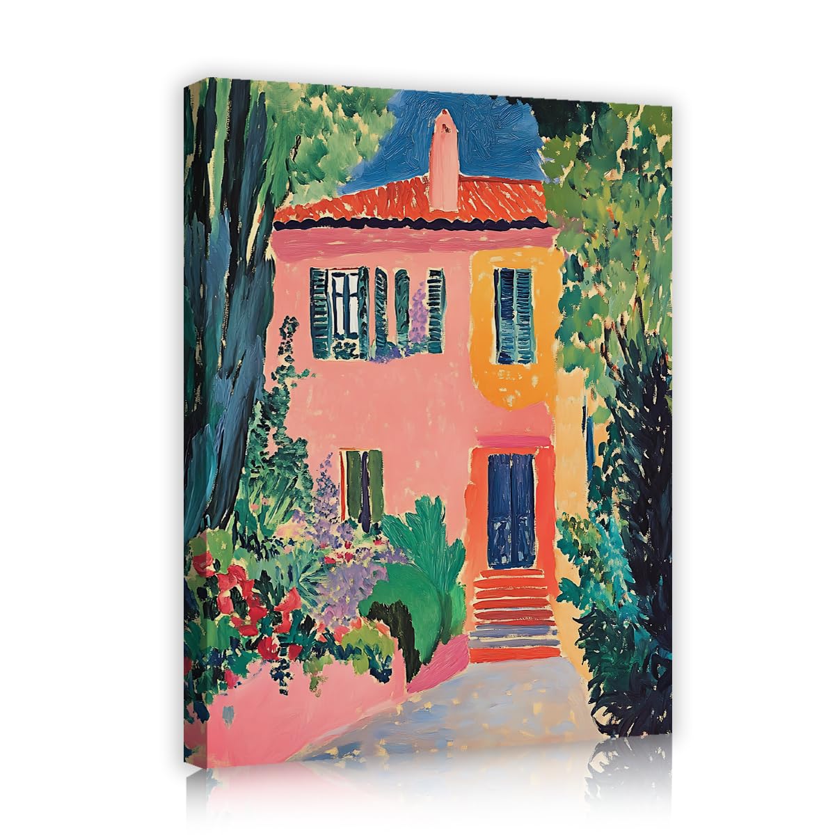 SHENGPOSTER Fauvism Style Scenery Wall Art Prints Mediterranean Modern Pink House Villa Canvas Wall Art for Bedroom Living Room Wall Decoration Innerframe 45x60cm