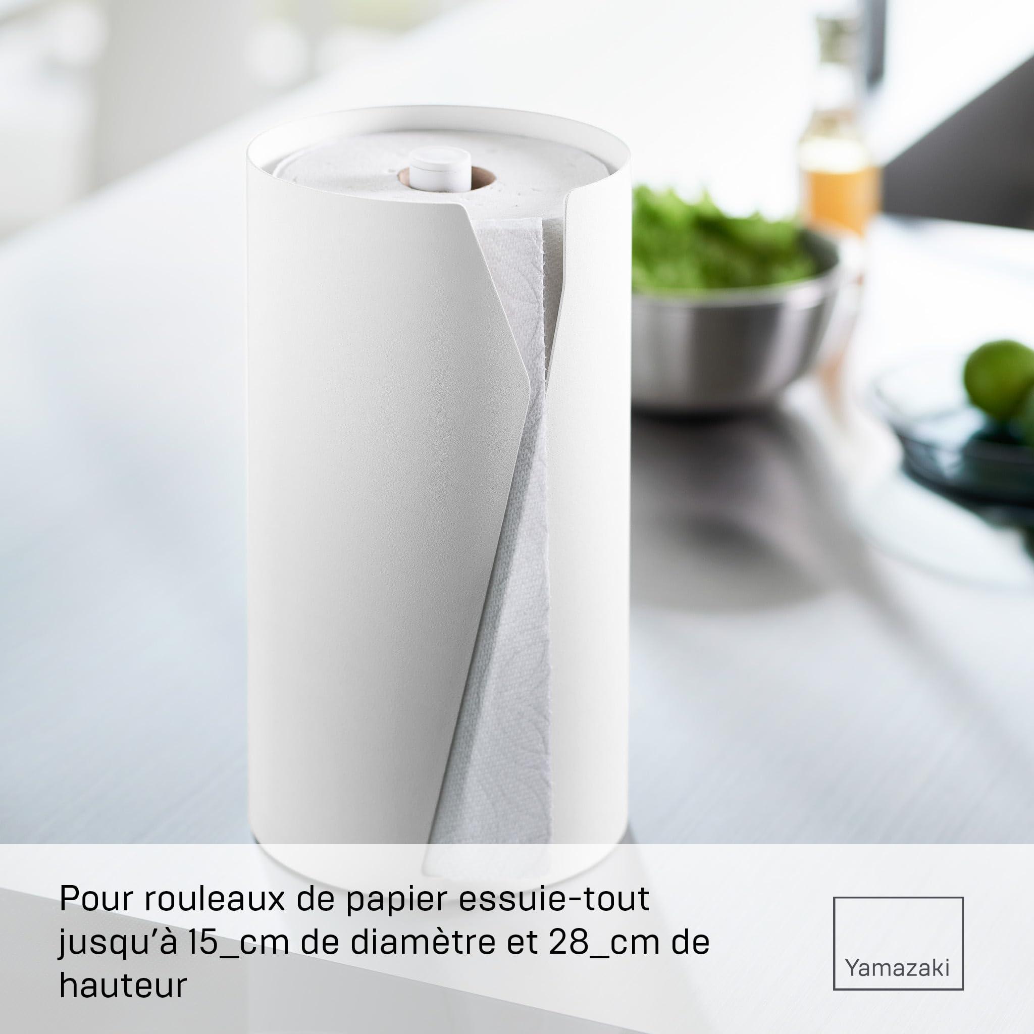 Yamazaki Tower Porte essuie-Tout Rond, en Acier - Distributeur de Papier Cuisine fermé, Design hygiénique, Stable et Compact, Utilisation à Une Main - 16 x 16 x 30,2 cm, Design Japonais, Blanc