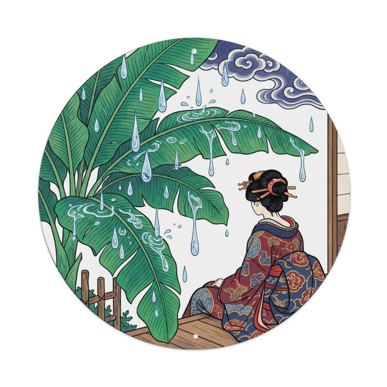 Galvaxio Style Japanese Rain On Banana Leaves Listening Scene Metal Tin Sign