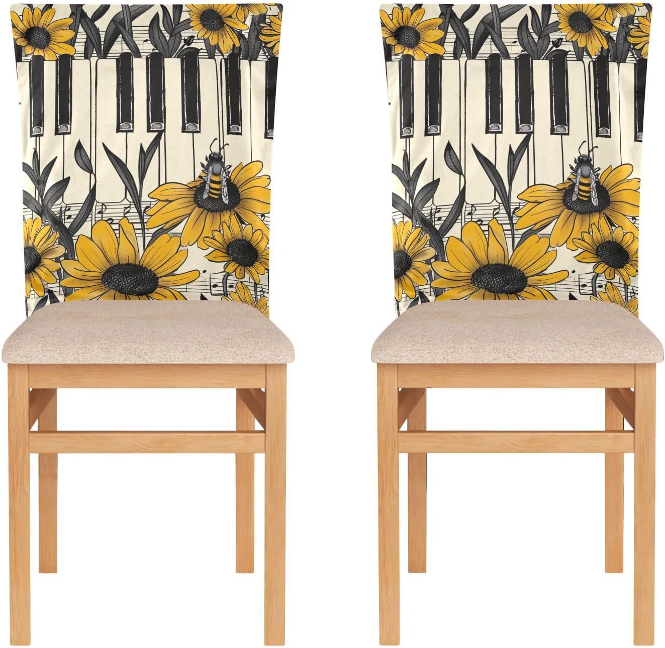 ALAZA Bee Flowers Piano Keys Chair Back Cover Set of 6, Washable Reusable Removable Chair Slipcovers Decorative Chair Cover for Home Kitchen Wedding Party