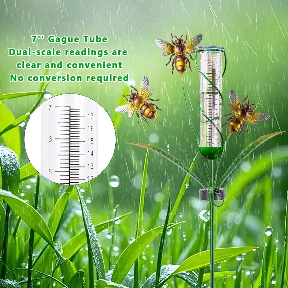 Solar Rain Gauge with 7-Inch Plastic Tube, Bee Rain Gauge Outdoor-Decorative Rain Water Gauges Garden Stake for Yard, Lawn, Patio