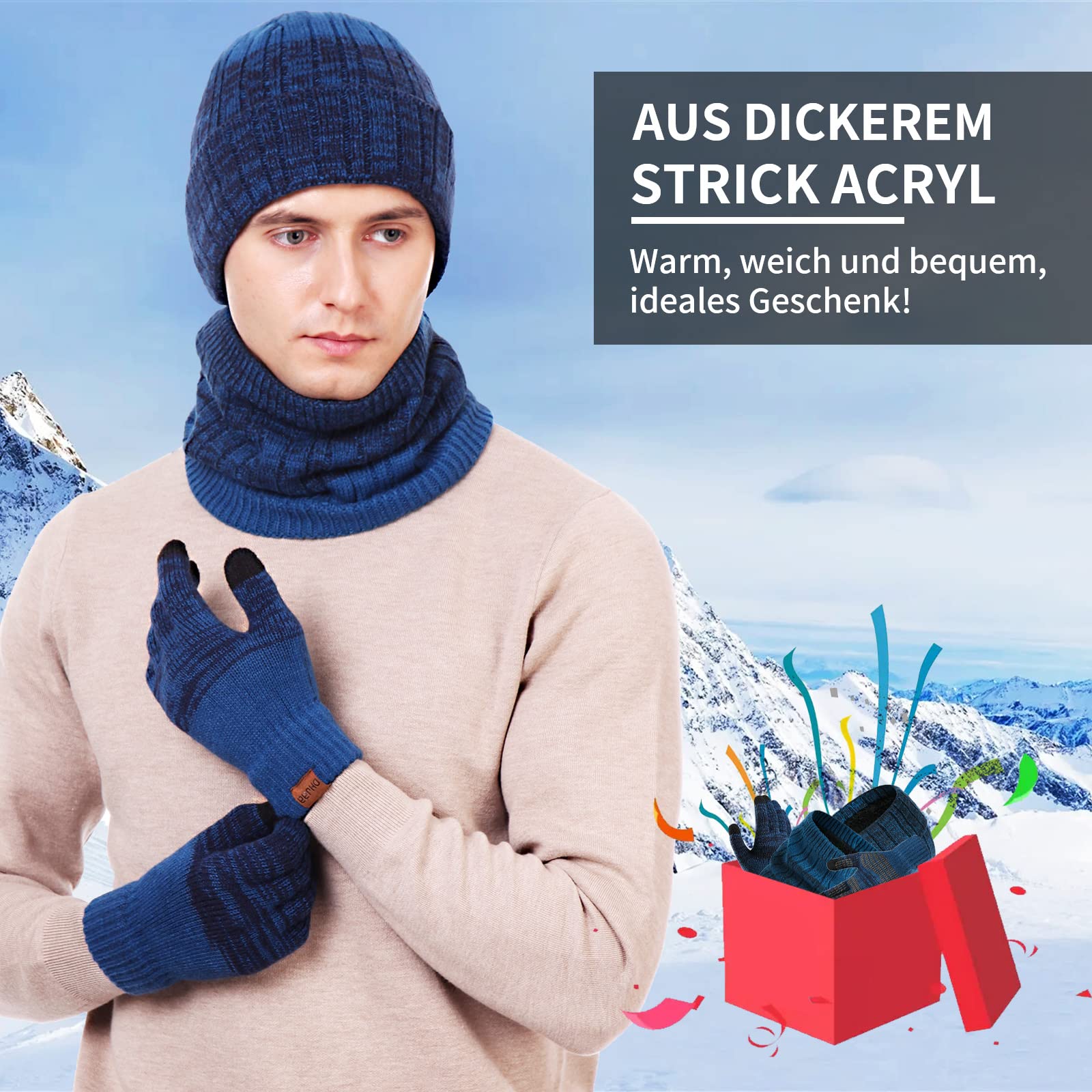 Zestaw Kapelusz Szalik Rękawice Mężczyzna Kobieta, Ciepły Polar Gruby Elastyczna Ultra Miękka Wewnętrzna Podszewka Czapki Ciepły Dzianina Szyi Ciepły Ekran Dotykowy Rękawice, niebieski, L