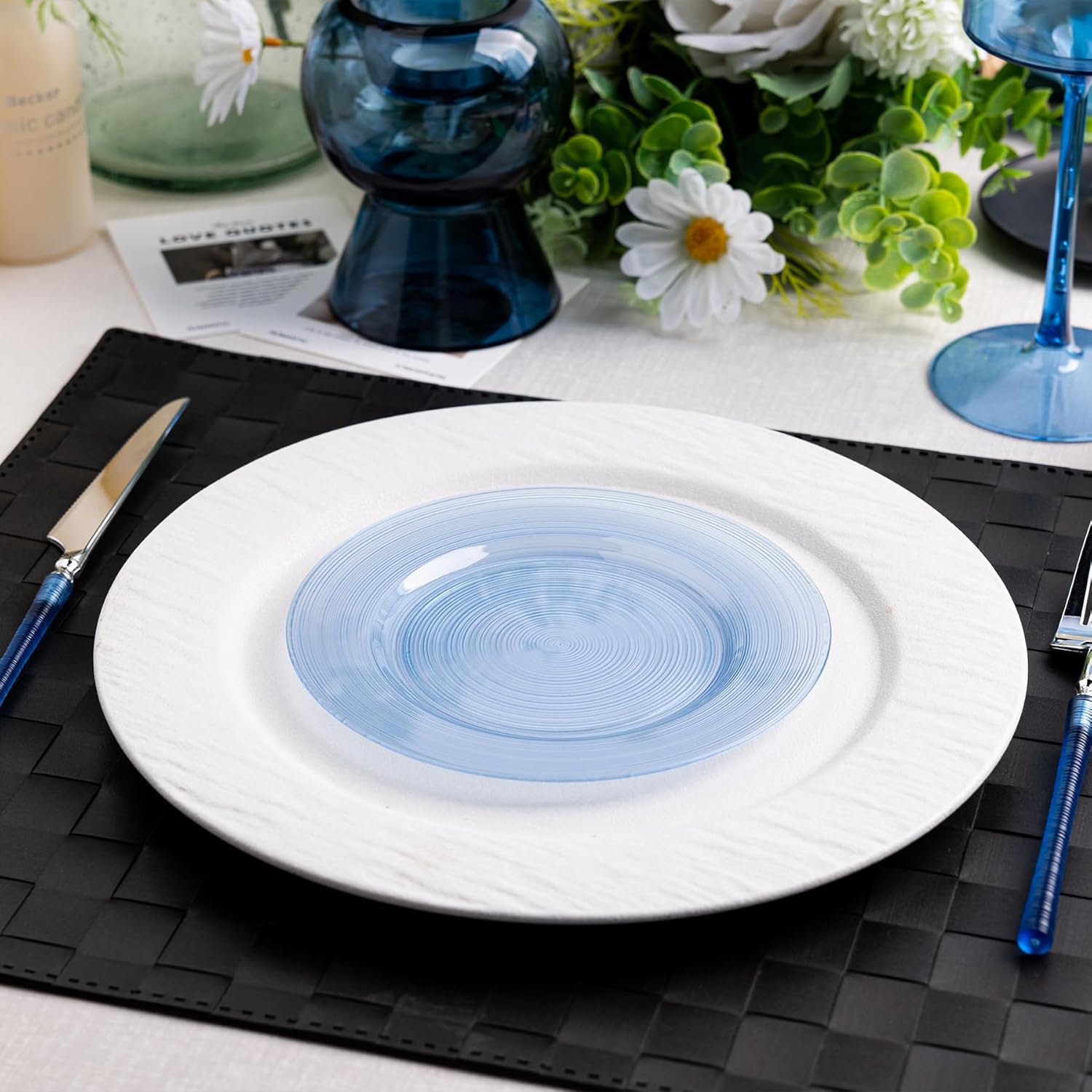 100 Count 6 Inch Transparent Blue Plastic Plates, Heavy Duty Disposable Dessert Salad Plate, Round Fancy Appetizer Plates for Wedding, Party