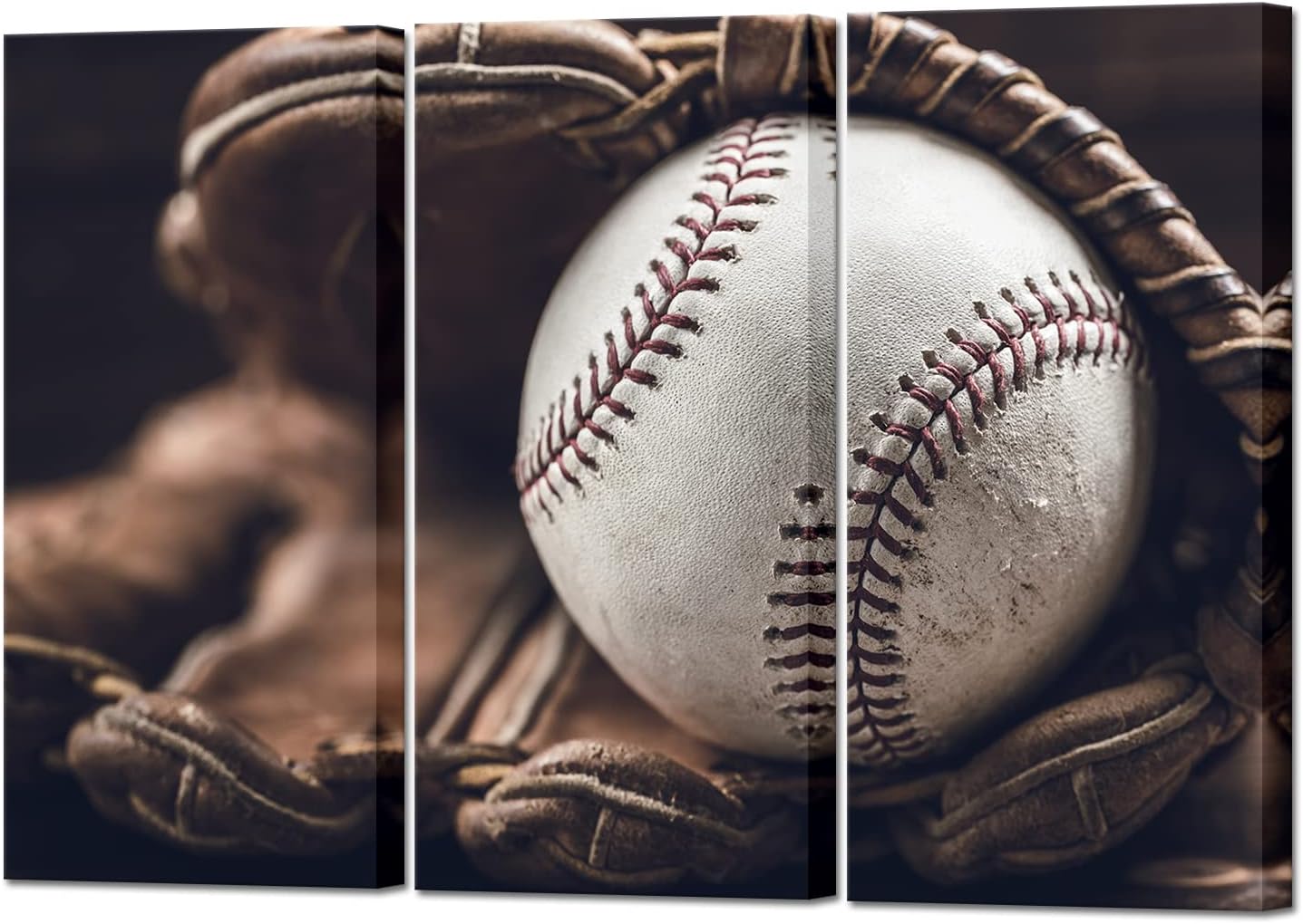 iLOOKLiKE 3 Panels Retro Baseball Canvas Wall Art Vintage Baseball in Glove Poster Sports Pictures Wall Decor for Boy's Room Living Room Decoration Stretched and Framed Each Size 16x32inch
