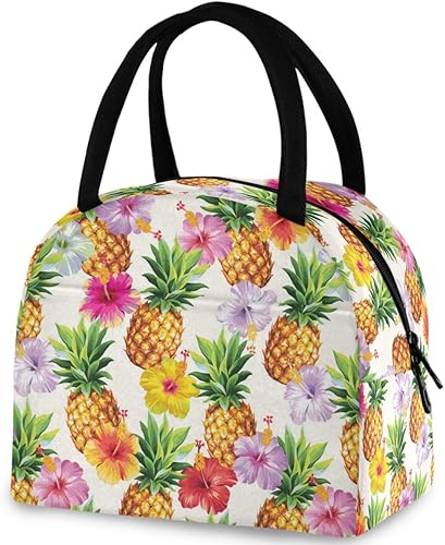 Bolsa de almuerzo reutilizable de colores tropicales con estampado de piña, con bolsillo frontal, cierre de cremallera, aislada, térmica, para
