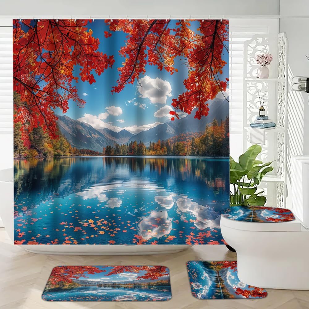 Lake Reflection 4-Piece Waterproof Shower Curtain Set with Non-Slip Rug, Bath Mat and Toilet Lid Cover, Includes 12 Hooks, Mountain Landscape Red Leaf Forest Bathroom Decor