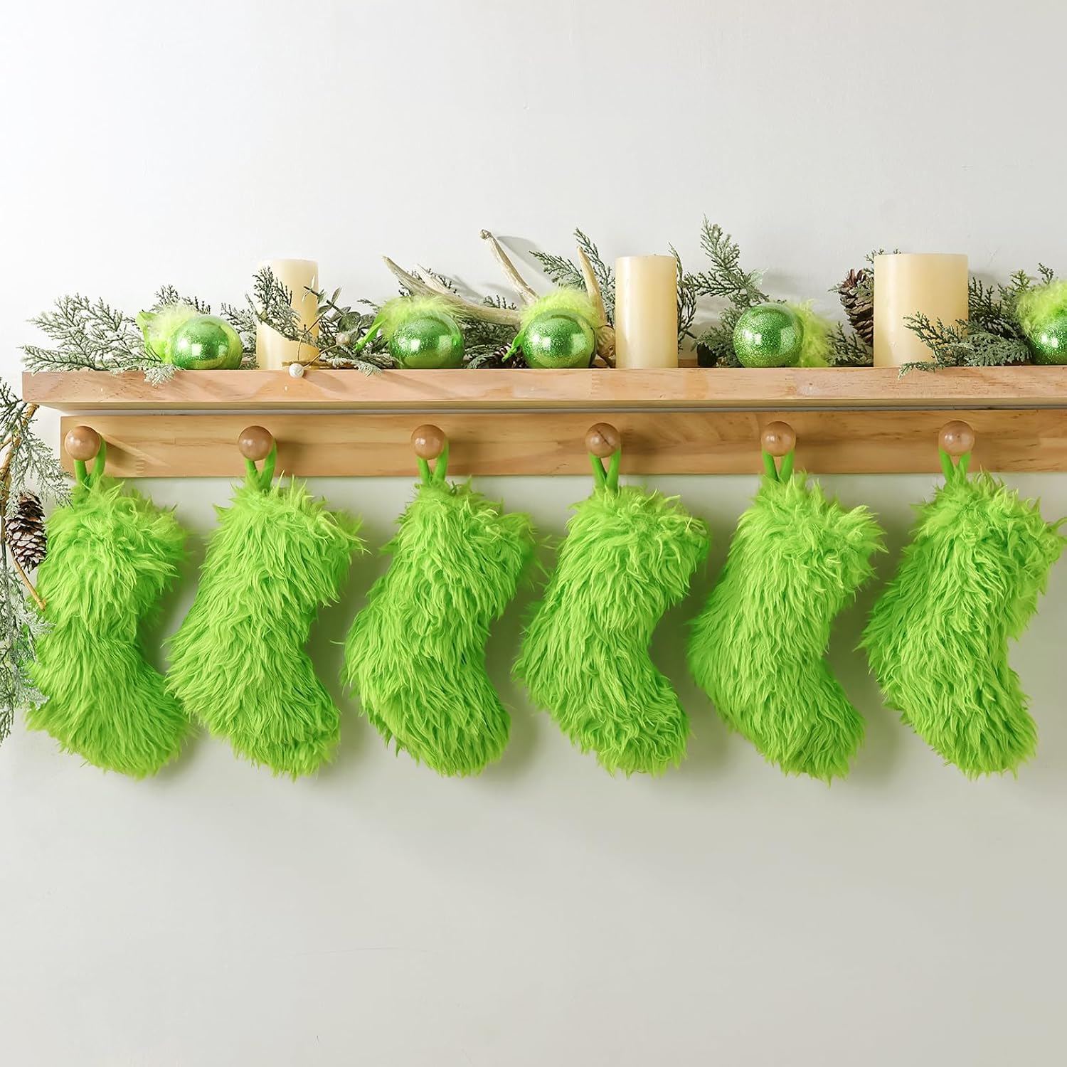 Green Furry Mini Christmas Stockings: 6Pcs 9 Inches Faux Fur Christmas Hanging Stocking, Lush Lime Green Fuzzy Xmas Stockings, Ultra Soft Christmas Décor Candy Bags Home Gifts Party Supplies
