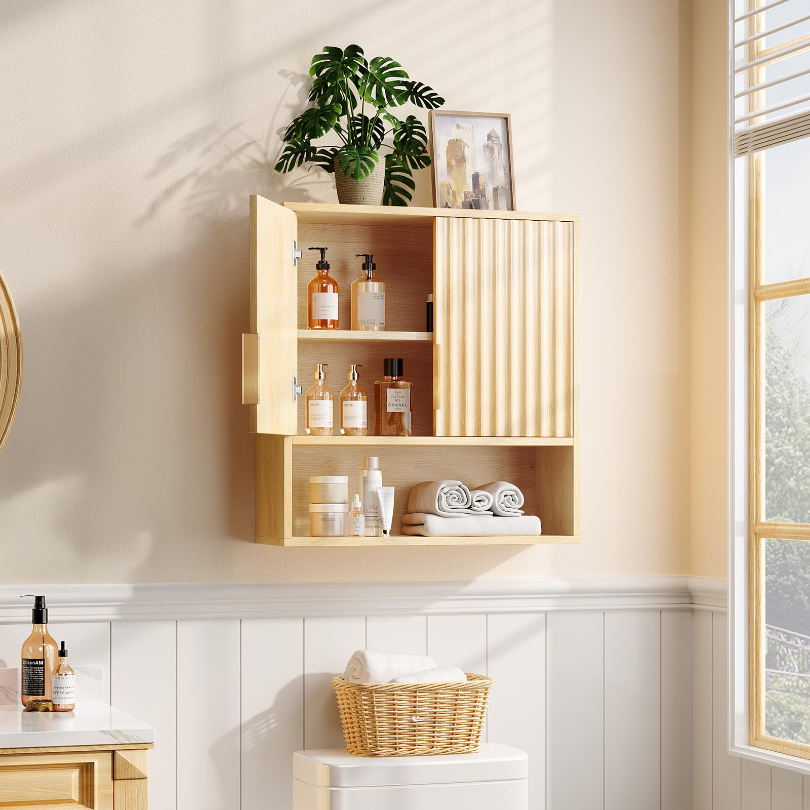 Bonnlo Armoire Murale de Salle de Bain en Chêne, 2 Portes et 3 Étagères de Rangement, 58 x 20 x 62 cm, Meuble de Rangement Suspendu pour Salle de Bain, Cuisine, Salon