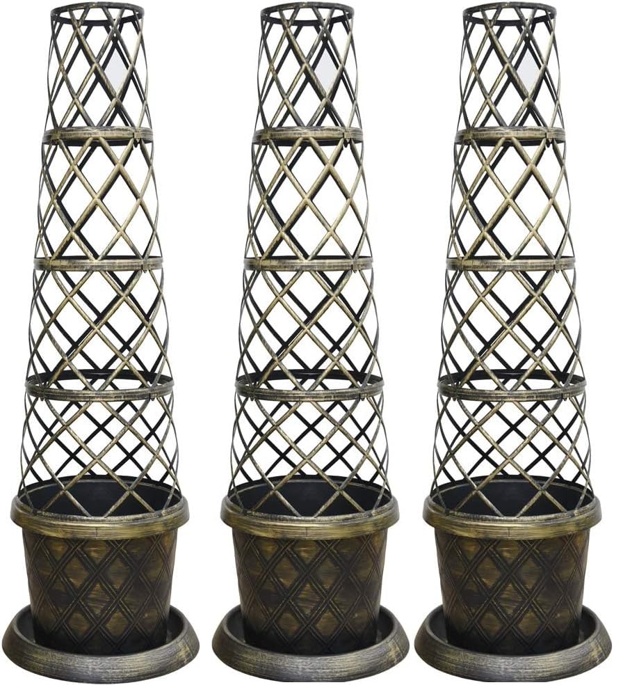 Thompson & Morgan Large Patio Tower Pot Frame Saucer Kit Matching Lattice Style Black Burnt Gold Effect Planting Climbing Flowers Vines Vegetables Durable Plastic (3 x Tower Pot Kit)