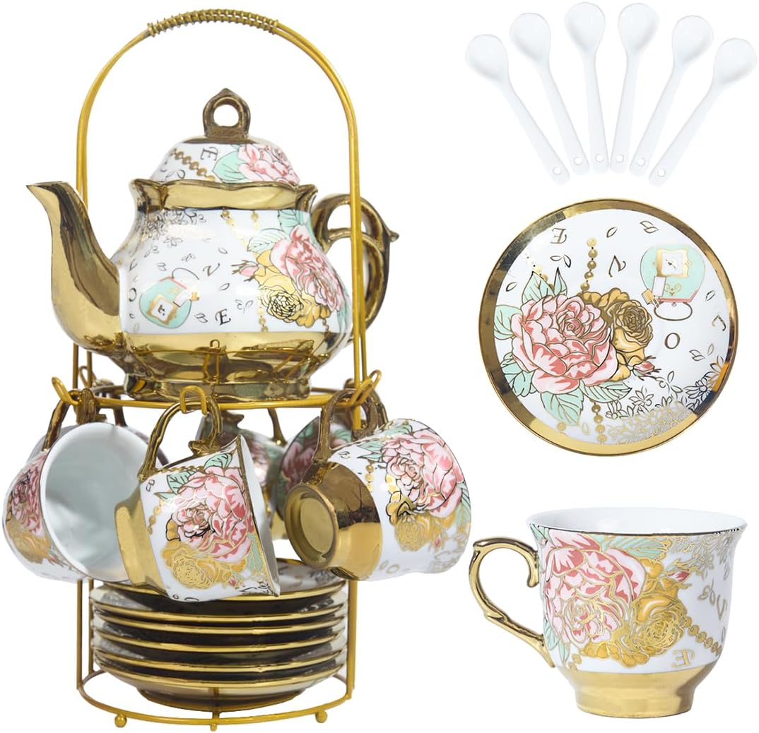 CHANJOON tea sets Gold Plated Red Rose Ceramic Tea Set, Vintage Teapot Tea Sets Beautiful Tea Set Coffee Serving 6 People (Golden, Medium)