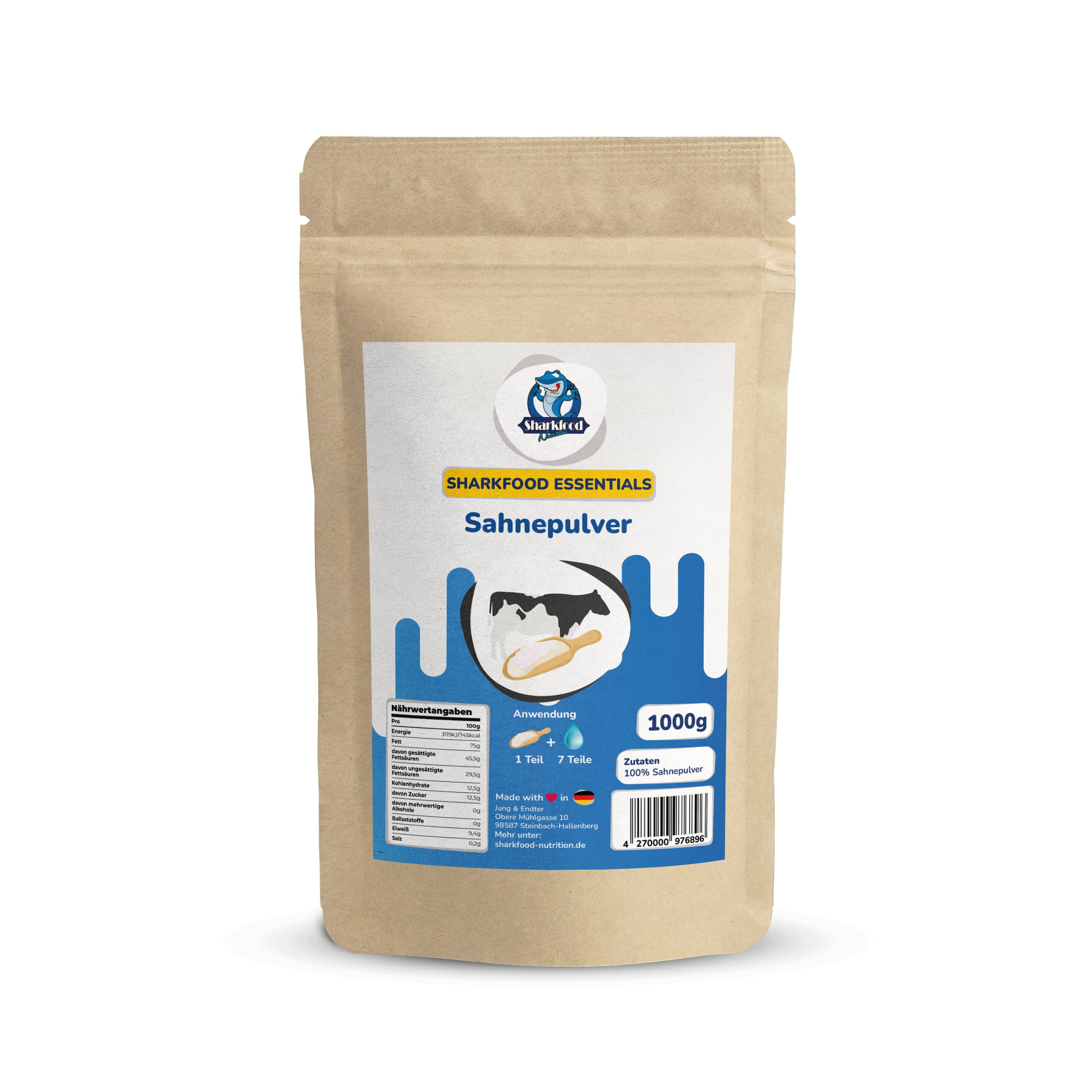 Sharkfood Sahnepulver 1000 g– 75% Fettgehalt – ohne Zucker – Sahneersatz – für Desserts, Suppen, Saucen, Schlagsahne, Schokolade herstellen 1 kg