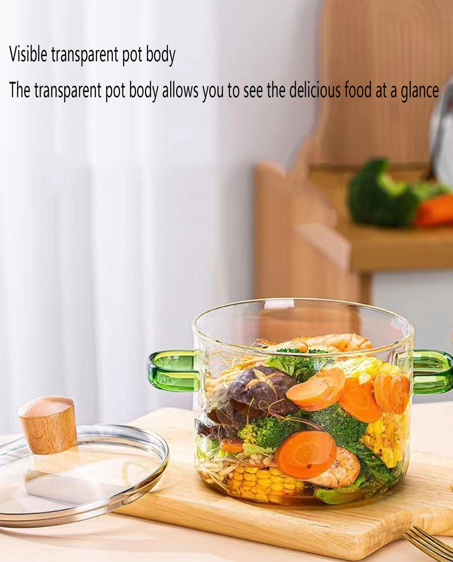 Glas-Topf, mit Deckel und Holzgriff, Glaskochgeschirr for Pasta, Nudelsuppe, Milch, Babynahrung, transparent(1600ml)