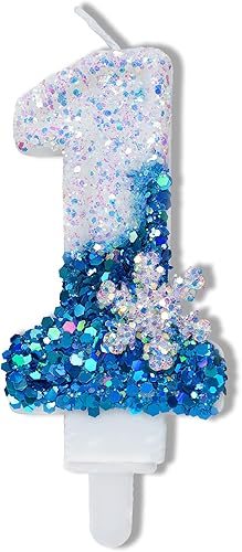 Miniatura 8 de Velas de cumpleaños azules 7, velas de cumpleaños número 7 con purpurina azul y blanca con suministros de fiesta de copo de nieve