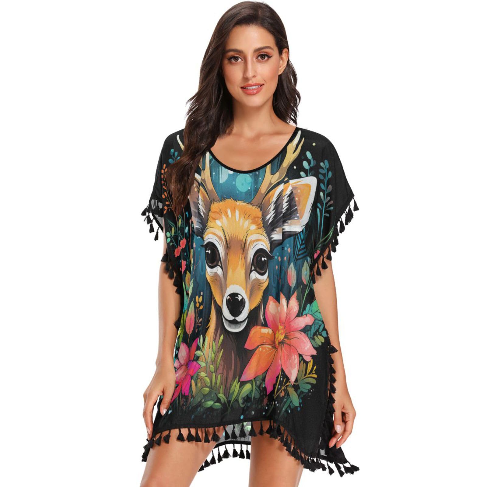Colorful Blossom Deer Women's Beach Cover Up Chiffon Tassel Swimwear Swimsuit Coverups for Girl