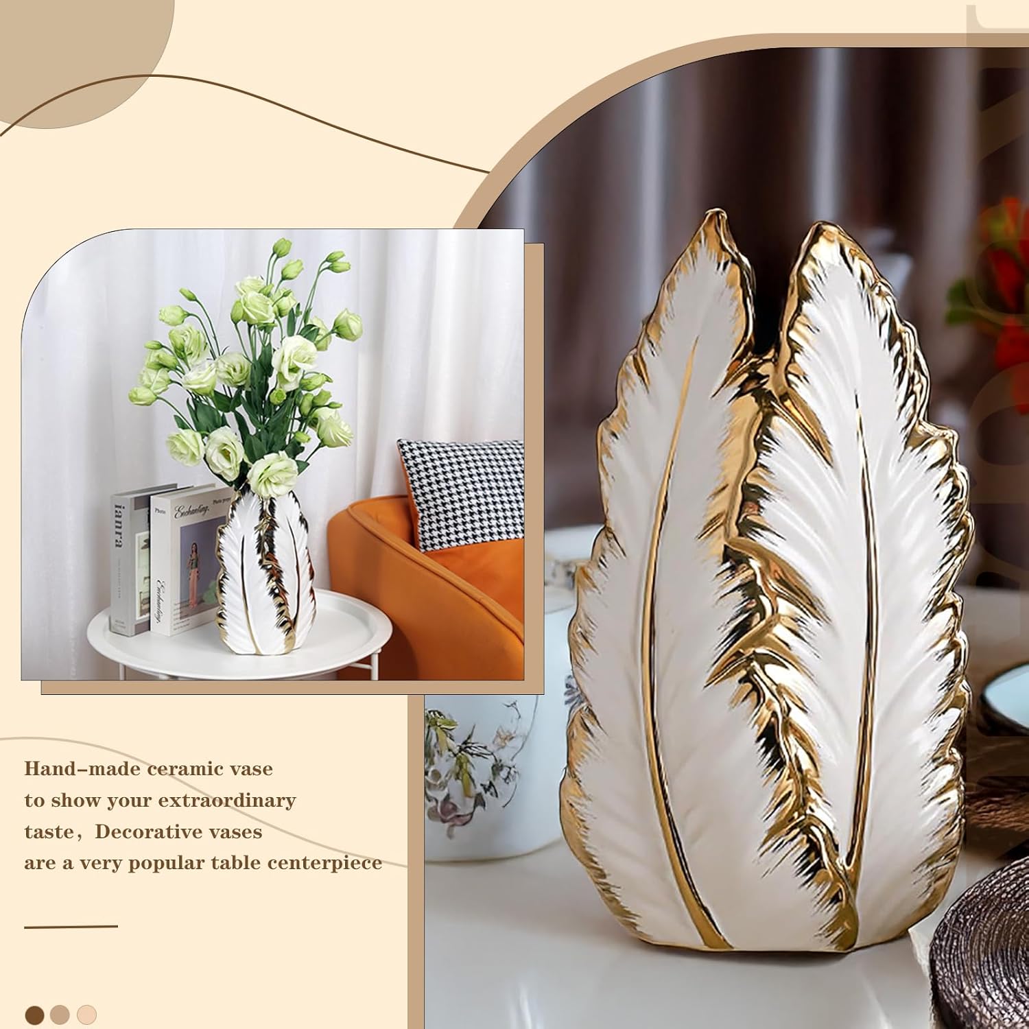 Nordic Light Luxury Gold Painted Ceramic high-end vases-Elegant Home Decor-Flower Vase/Contemporary Design - Wedding Table Accent - Boho Pottery (Color : White, Size : L)