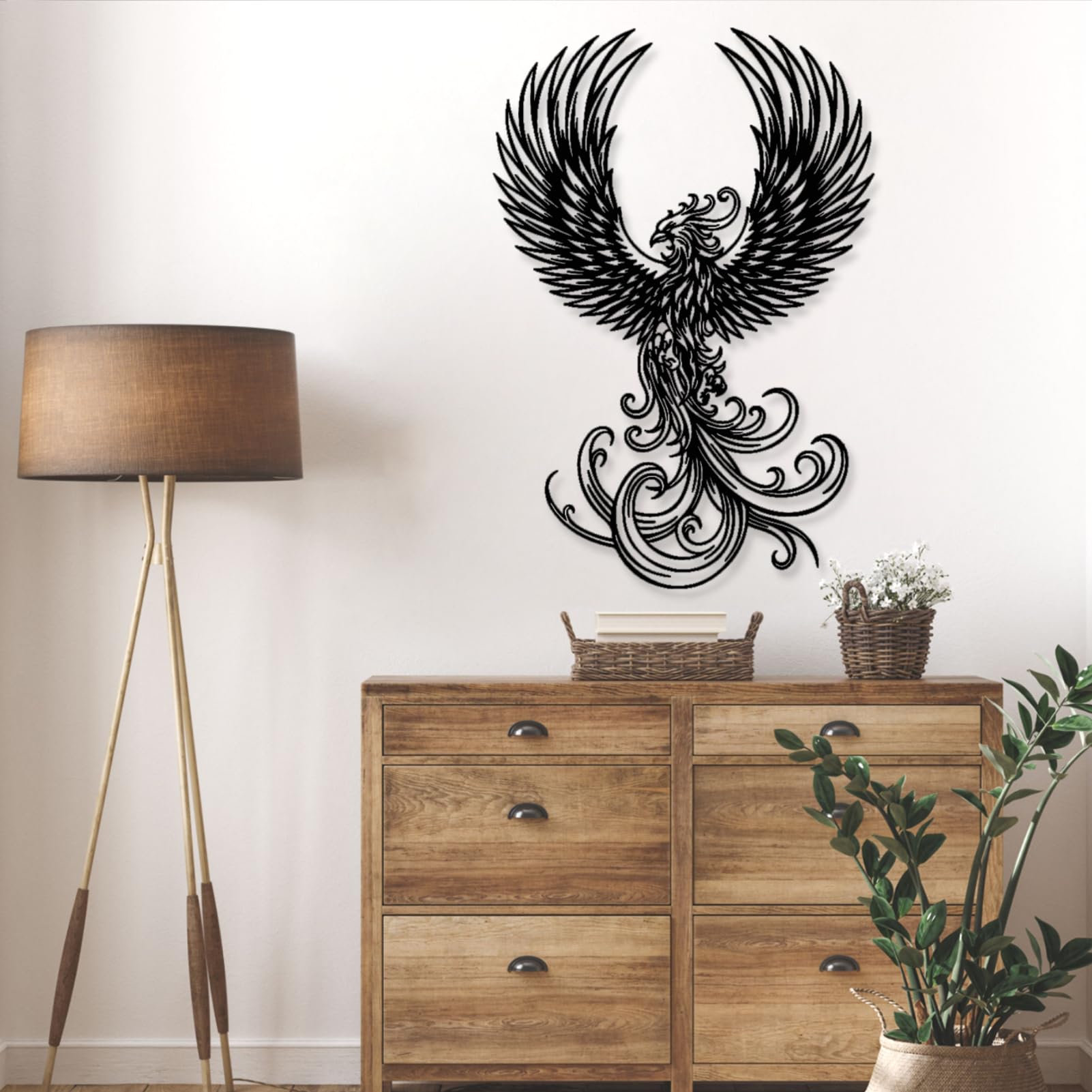 Metalowa sztuka ścienna - dekoracja feniksa, feniks, duży feniks, ptak feniks, ptak boho, mityczny ptak, wiszący salon, sypialnia, prezent na parapetówkę (48 x 70 cm, złoty)