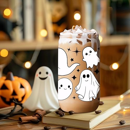 Miniatura 9 de Coolife Taza fantasma de Halloween, vaso de vidrio de 16 onzas con tapas y pajitas, taza de café helado espeluznante para batidos, bonitos regalos