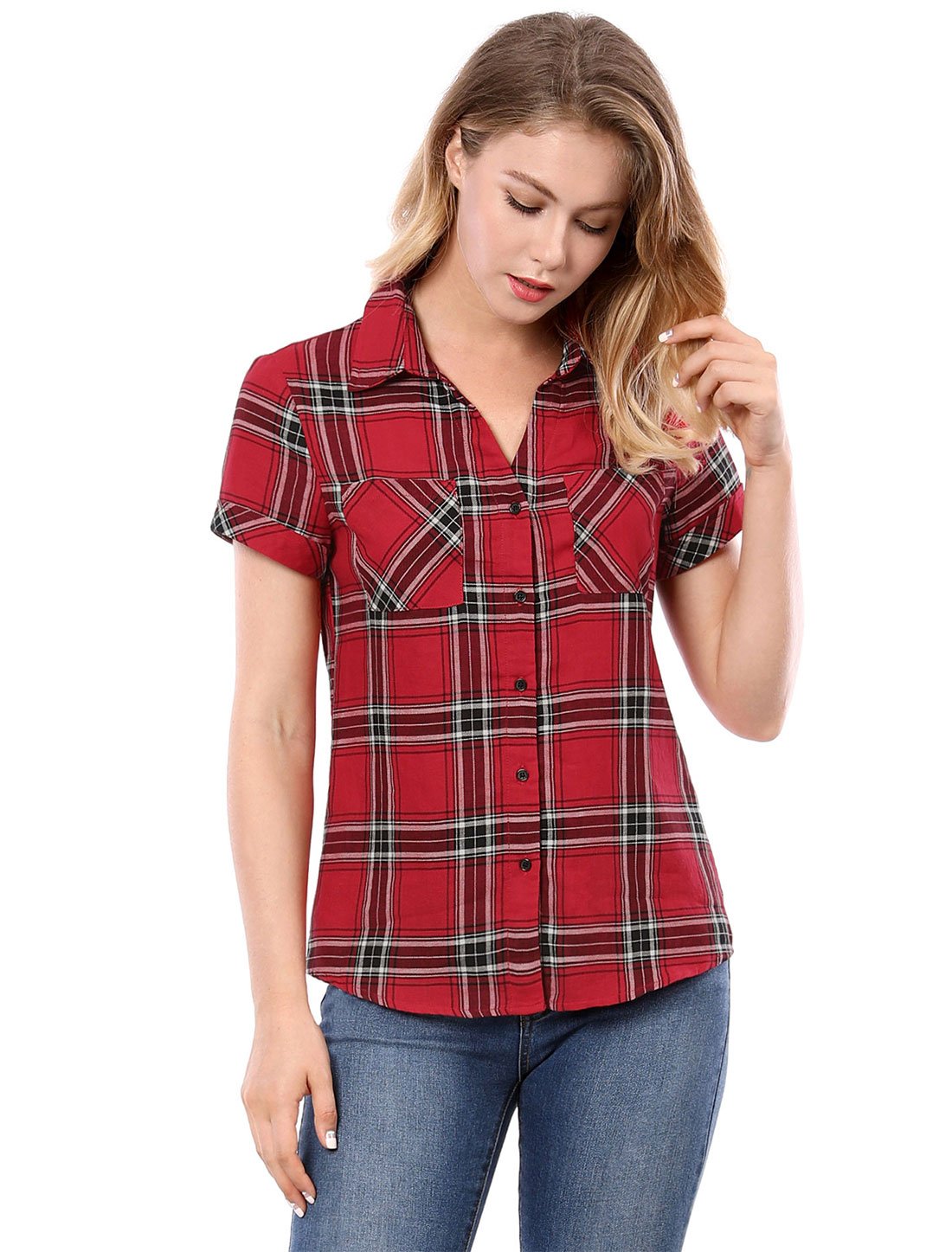 Allegra K Chemise classique à carreaux en coton pour femme - Rouge - Taille 3XL