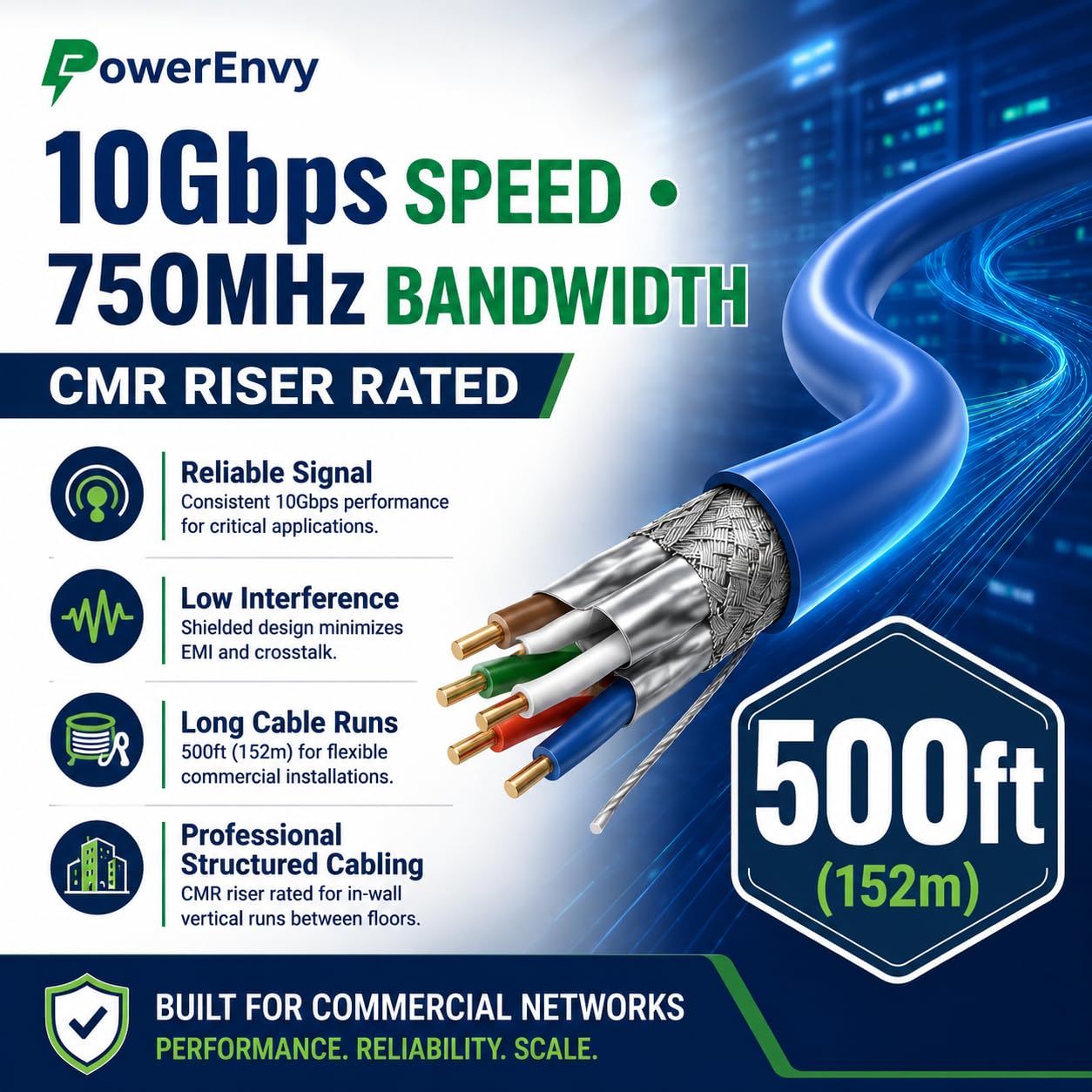 Câble Ethernet Cat7 S/FTP LAN, catégorie 7, câble réseau 23 AWG, 4 paires en cuivre nu massif, 750 MHz, 1000 m, 4 paires torsadées, certifié CMR, blindage en feuille d'aluminium (bleu)