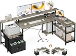 ODK L Shaped Desk with File Drawer, 75" Reversible L Shaped Computer Desk with Power Outlet, Office Desk with Storage Shelves & Monitor Shelf, Corner Desk, Grey Oak