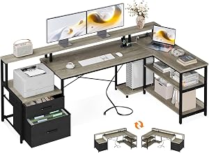 ODK L Shaped Desk with File Drawer, 75" Reversible L Shaped Computer Desk with Power Outlet, Office Desk with Storage Shelves & Monitor Shelf, Corner Desk, Grey Oak
