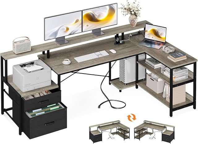 ODK L Shaped Desk with File Drawer, 75" Reversible L Shaped Computer Desk with Power Outlet, Office Desk with Storage Shelves & Monitor Shelf, Corner Desk, Grey Oak
