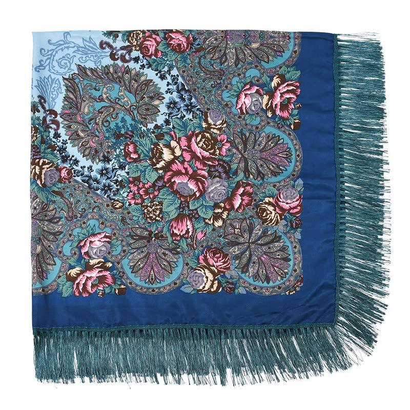 Women's Shawl Oversized Scarf Wrap Russian Babushka Traditional Retro Ukraine Printed tassels Square Scarfs（61inx61in4