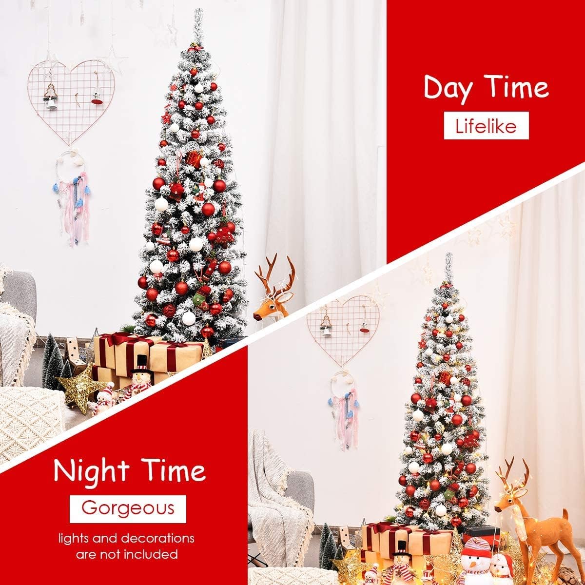 BANGTANE 6FT Artificial Snow Flocked Pencil Christmas Tree, Hinged Faux-Pine Xmas Tree with Slim Tree Top & Realistic PVC Needles, Foldable X-Shaped Metal Stand, Décor for Indoor & Outdoor (6FT)