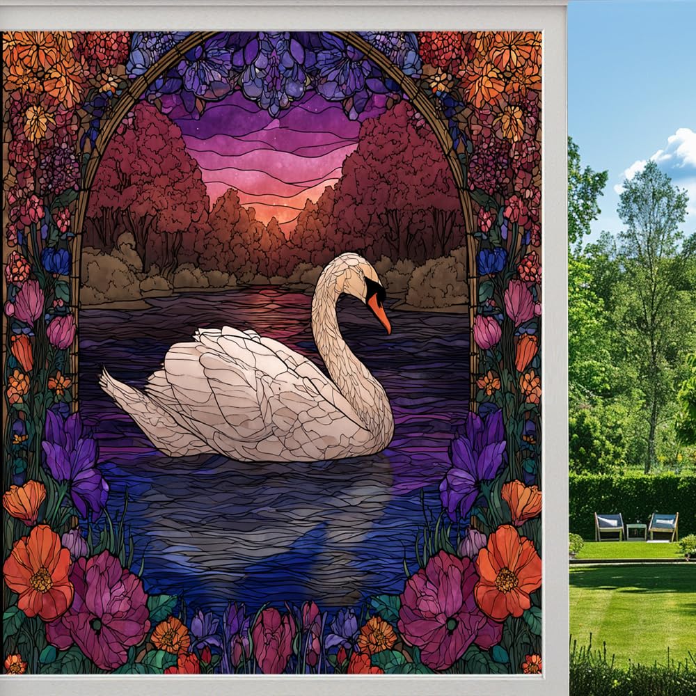 Colorful Swan Privacy Window Film, Abstract Flower Lake Nature Frosted Self-Adhesive Vinyl Cling for Glass Doors Bathroom Windows Sun Blocking Heat Control, （70x120cm）