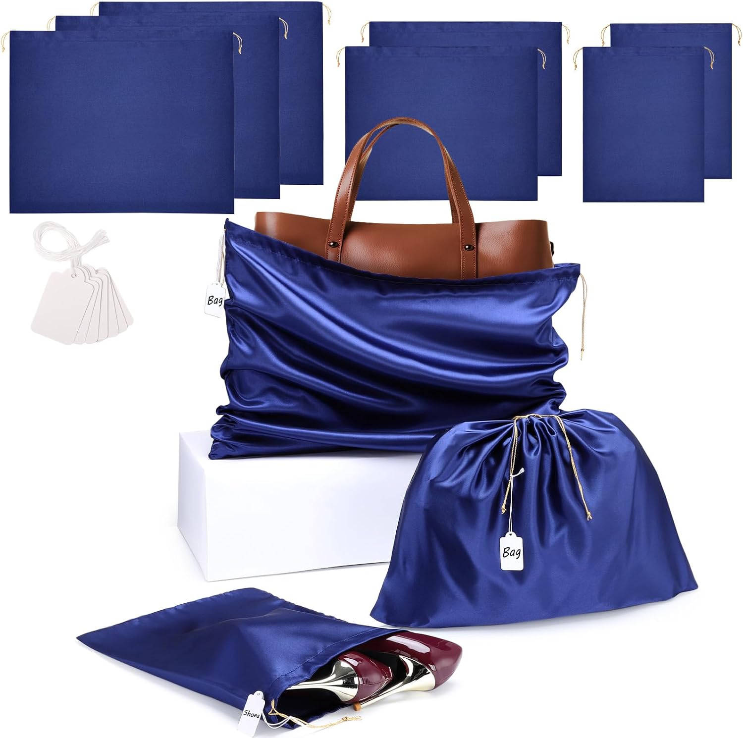 Ewen 7 Pack Dustproof Satin Drawstring Bags with Blank Tags, Small Medium Large Travel Packing Bags with Tag for Purse Organizer Home Organization Storage, Dark Blue Dustbags for Handbags Shoes Closet