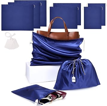 Ewen 7 Pack Dustproof Satin Drawstring Bags with Blank Tags, Small Medium Large Travel Packing Bags with Tag for Purse Organizer Home Organization Storage, Dark Blue Dustbags for Handbags Shoes Closet