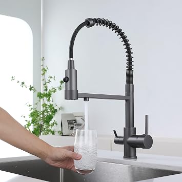 3 Way 1 Kitchen Sink Tap with Pull Out & Down Sprayer - Commercial Single Handle Lever Spring Tap (Grey)