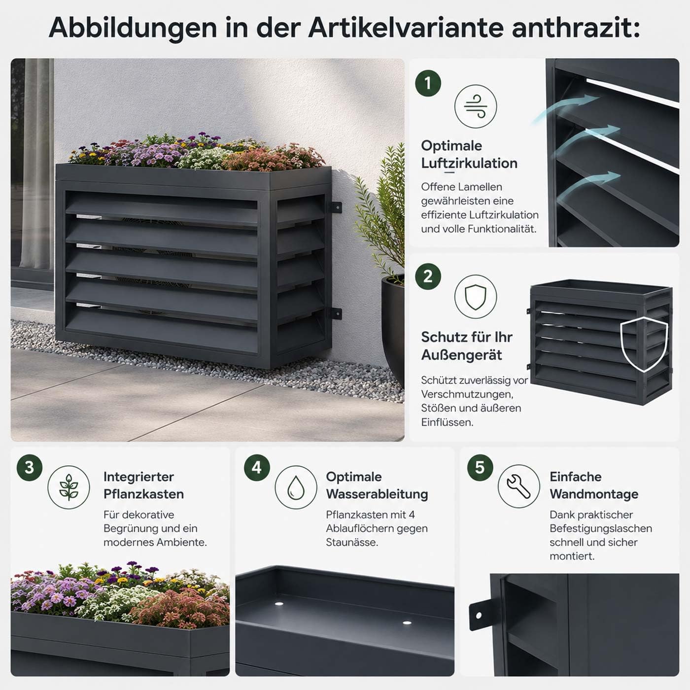 Mendler Verkleidung für Klimaanlage/Wärmetauscher HWC-O43 mit Pflanzkasten, Abdeckung, Metall 77x104x50cm - grau-weiß