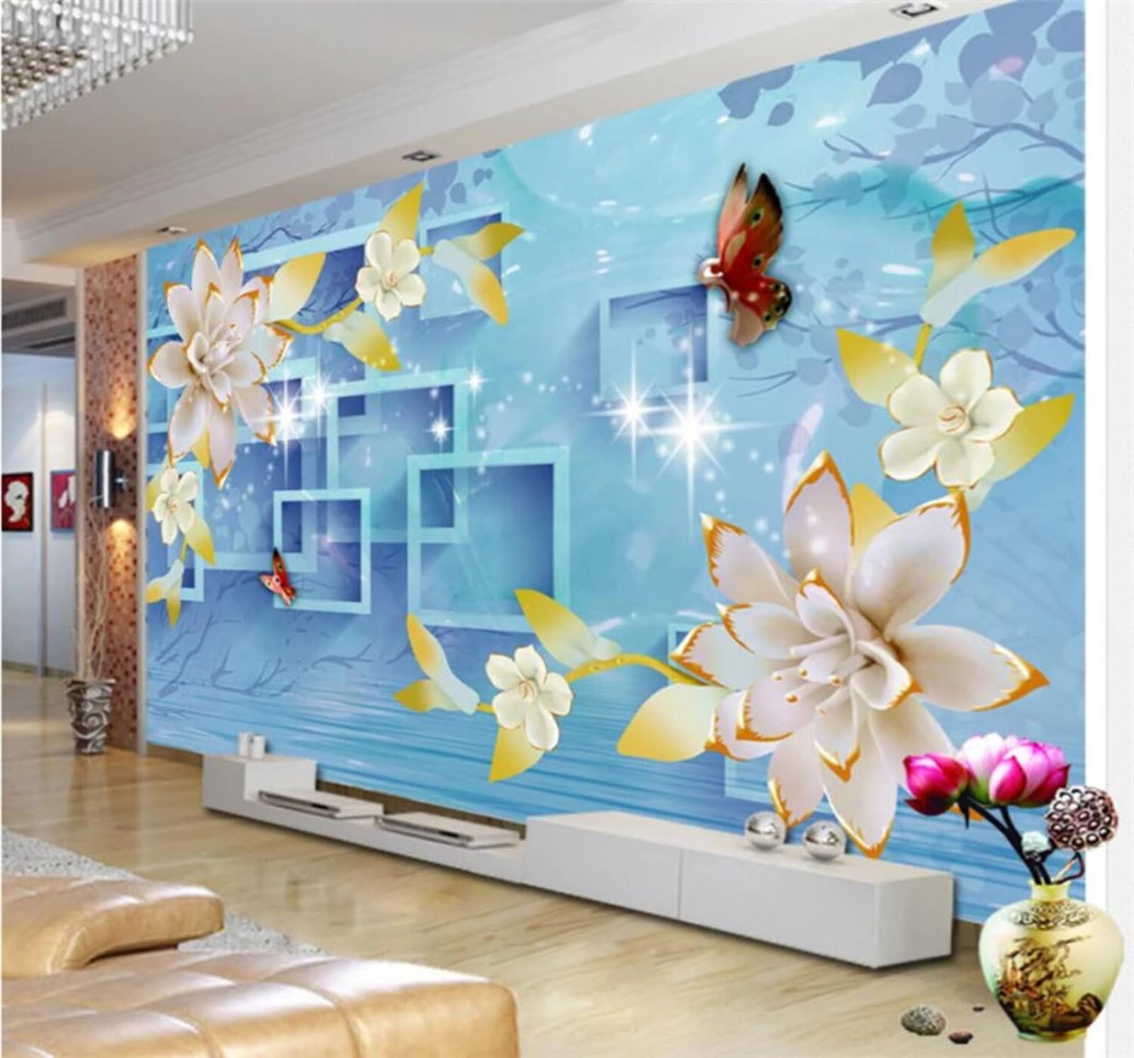 Fresh Beautiful Flowers Geometric Butterflies 3D Wallpaper Easy Install Feature Office Living Room Sofa Bedroom TV Background Wall Decoration-400cm×280cm