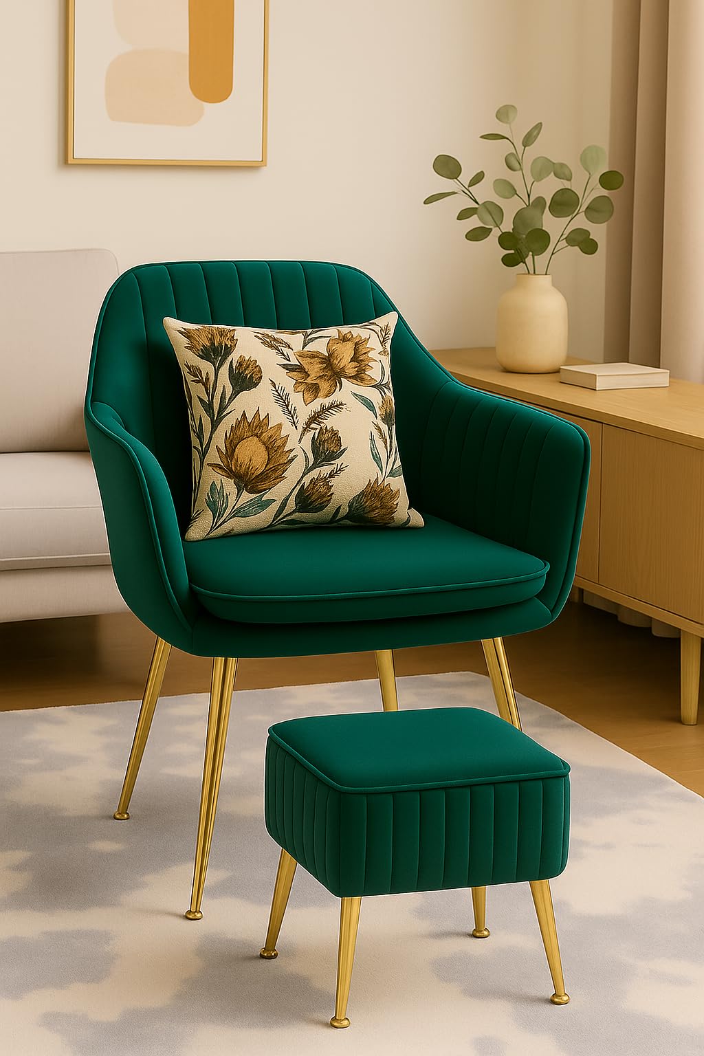 CHAIR DECOR Velvet Accent Chair with Matching Pouffe & Floral Cushion | Modern Upholstered Green Armchair with Gold Metal Legs | Lounge Chair for Living Room, Bedroom, Office, Guest Room-image-36