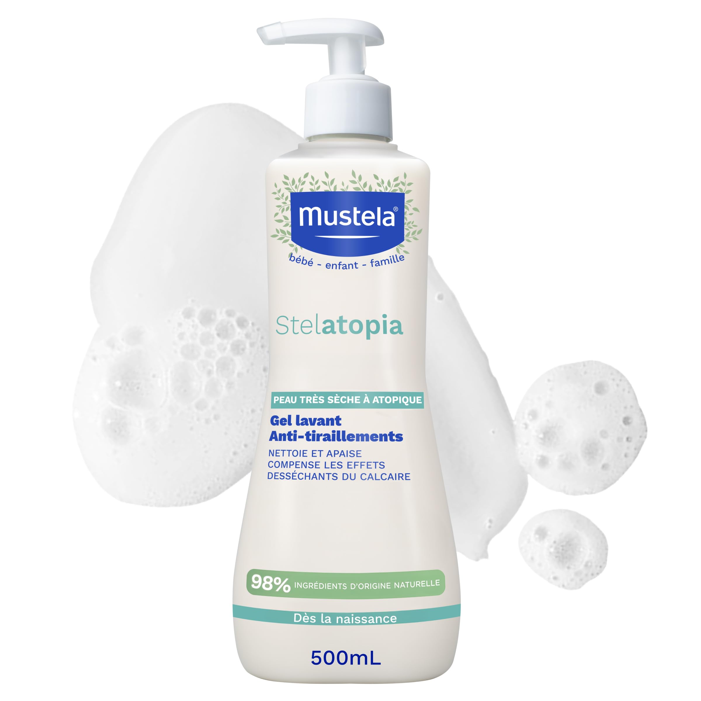 Mustela Stelatopia Gel Nettoyant pour Peaux Extrêmement Sèches ou Dermatites Atopiques, Corps et Cheveux, Bébés, Enfants, Toute la Famille - Apaise les Démangeaisons, Sans Parfum (500ml)