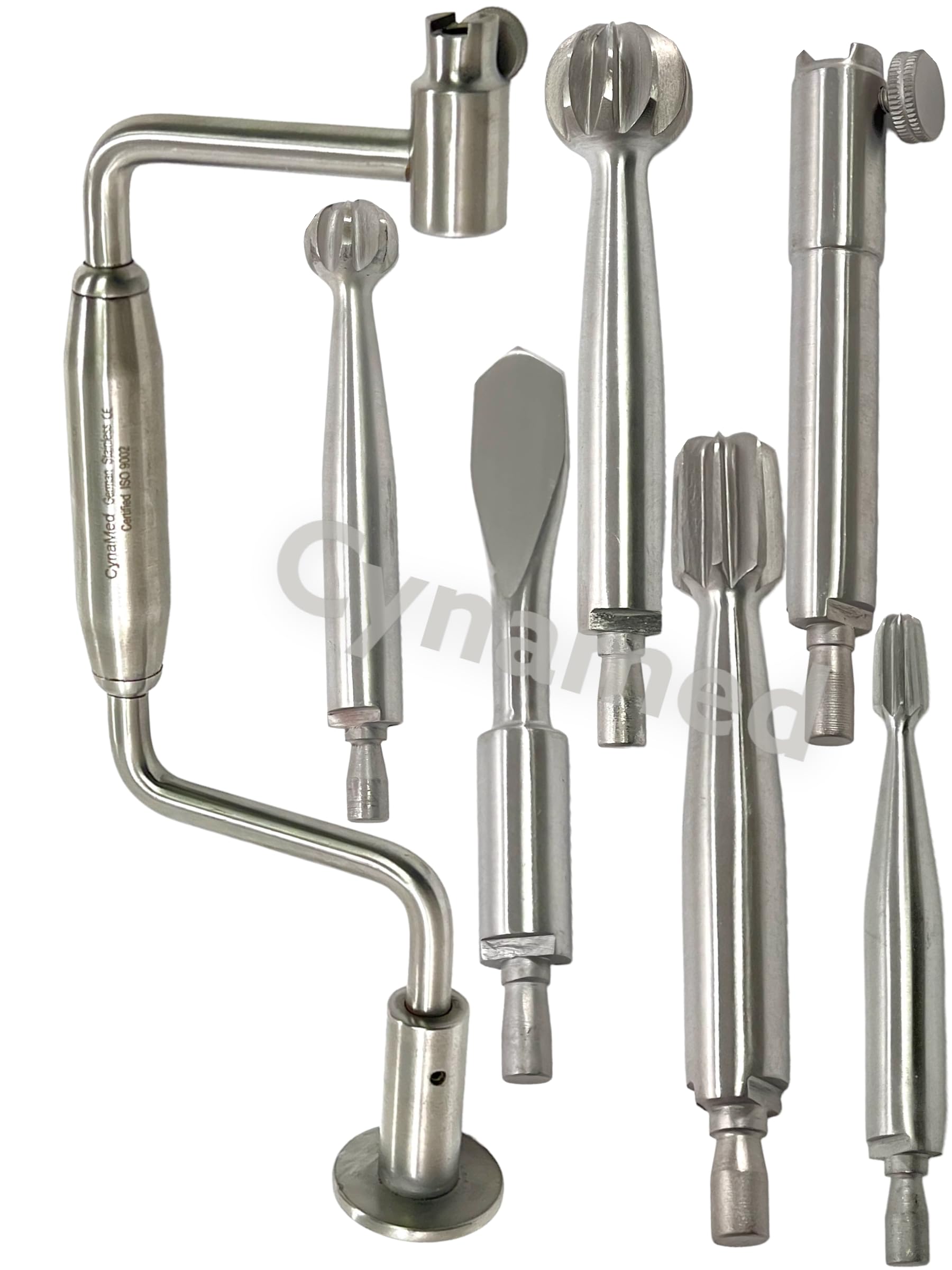 Set of 7 Pieces Hudson Brace Hand Drill with Spherical and Cylindrical Burrs - Varying Sizes - Premium German Stainless Steel