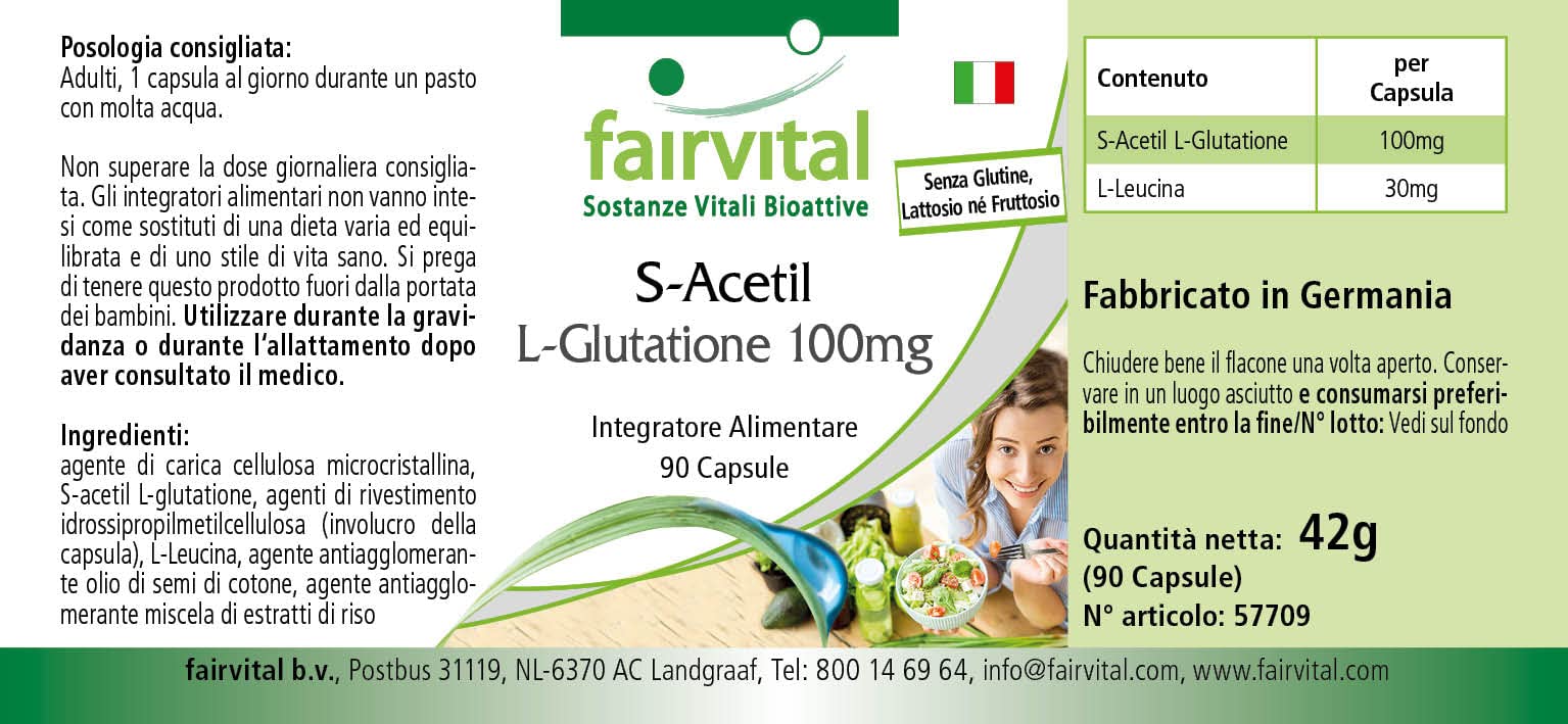 fairvital S-acetil L-glutatione, 90 capsule vegane, facili da deglutire, forma stabile di glutatione, elevata biodisponibilità, qualità testata e ad alto dosaggio, Made in Germany