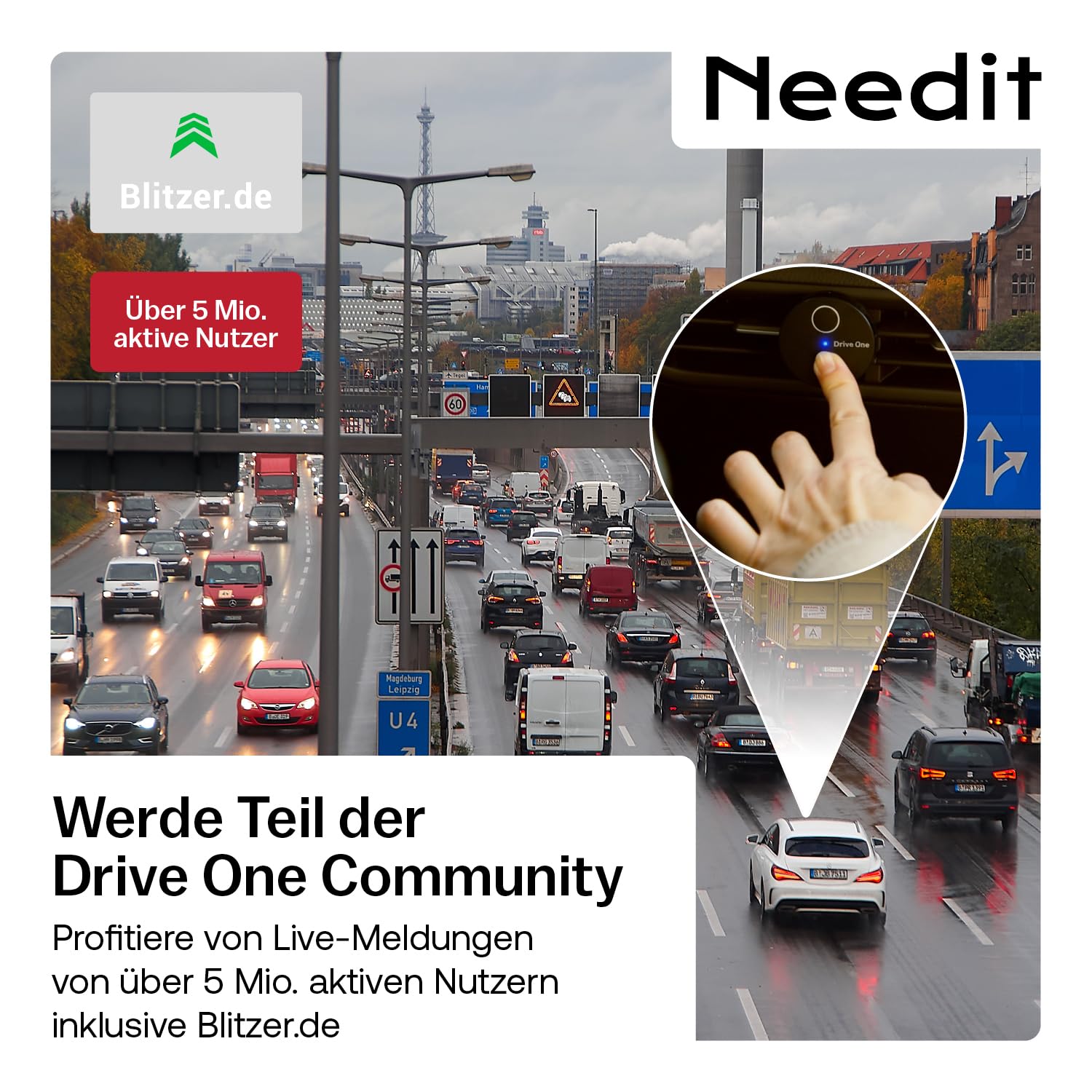 Needit Drive One 2 Verkehrswarner [Neues Modell 2026] - Set inkl. Halterung I Warnt vor Kontrollen und Gefahren im Straßenverkehr I Automatisch aktiv bei Smartphone-Verbindung I Stabil befestigt