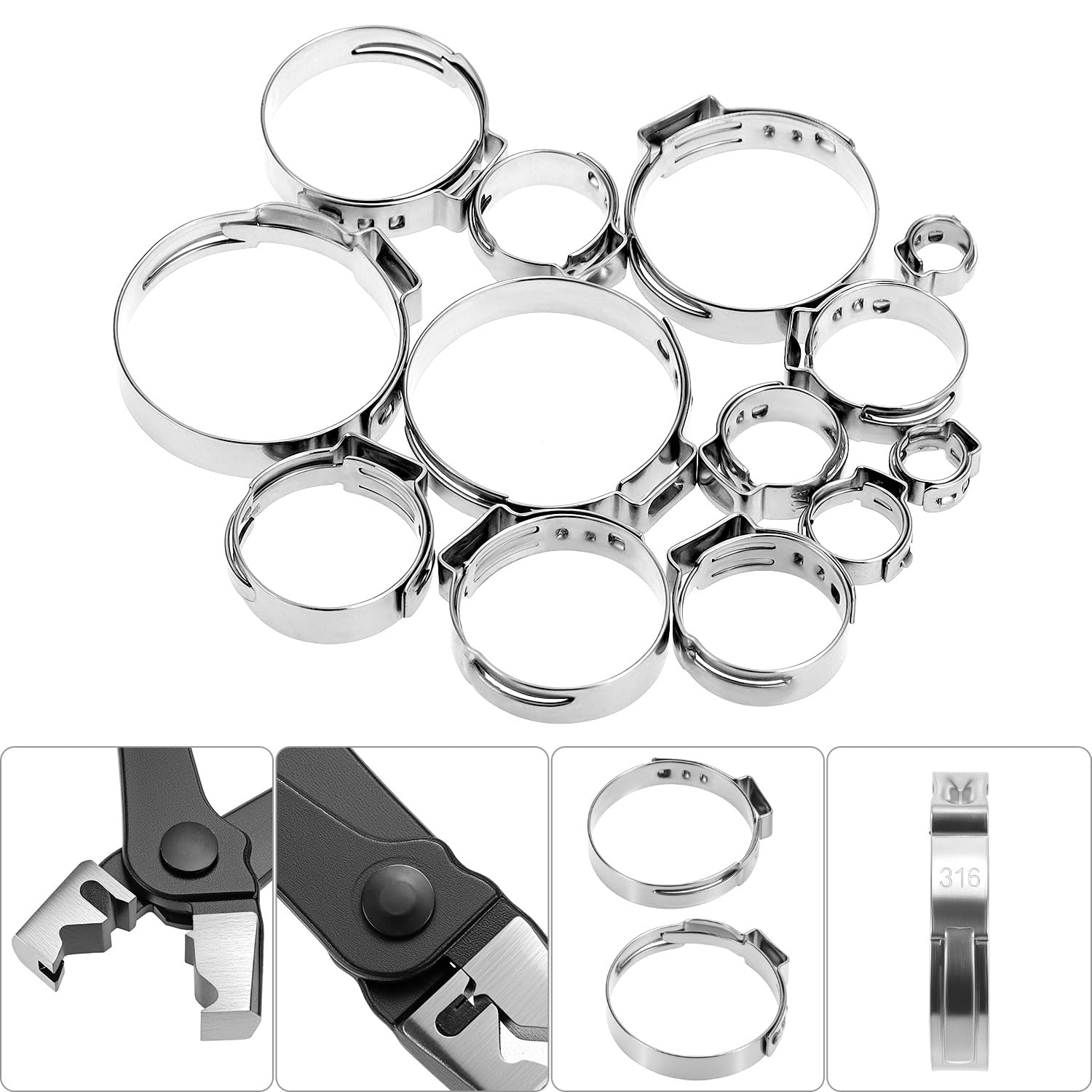 QWORK® 170PCS Einohr-Schlauchschellen Set, 304 Edelstahl 14 Größen 5.3-33.1 mm Klemmschellen Schläuche mit Schlauchklemmzange