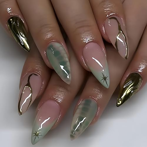 Almond Short Press on Nails Green Ombre French Fake Nails