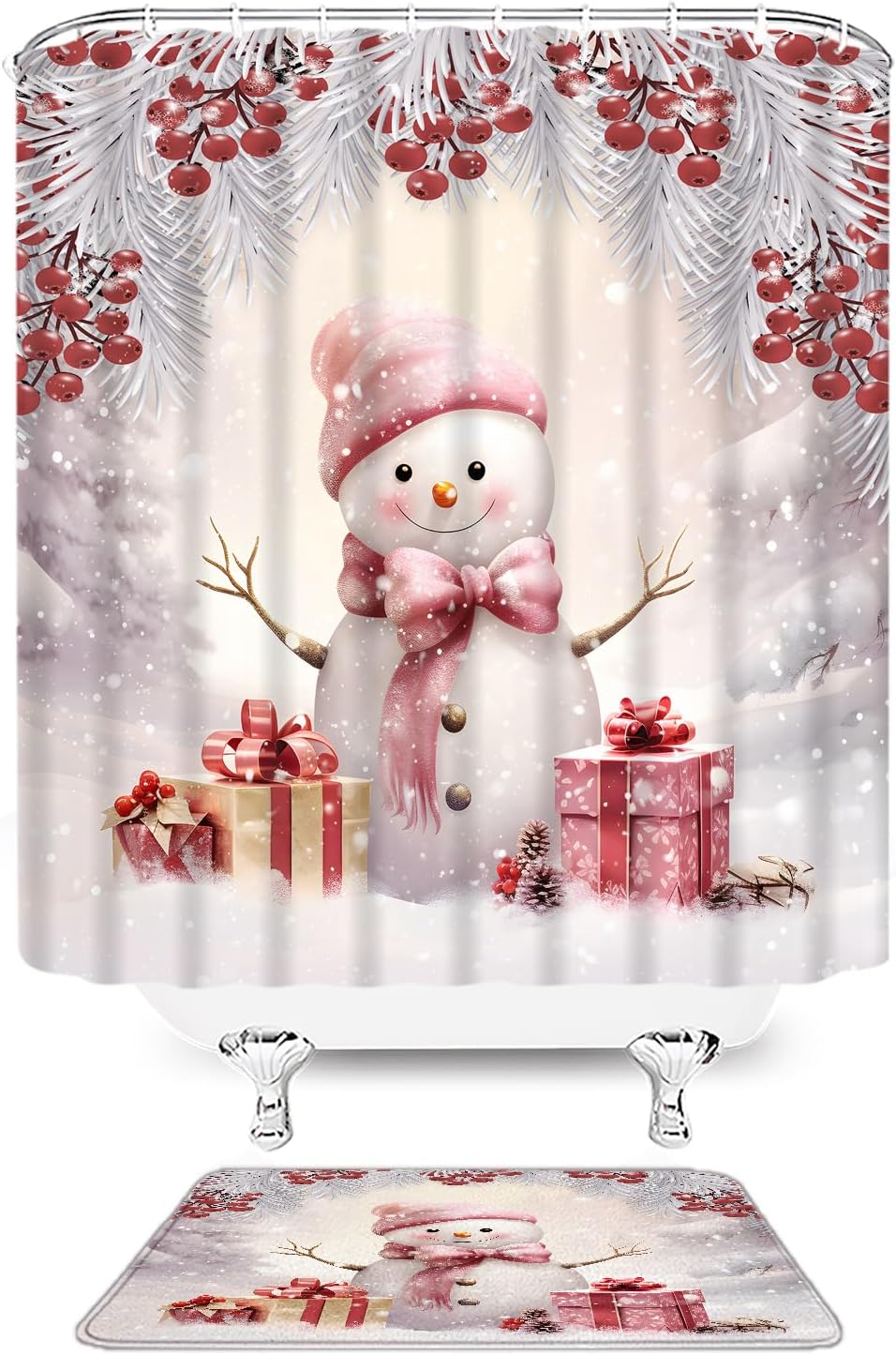 Pink Christmas Shower Curtain Cute Snowman Red Berry Pine Leaf Winter Holiday Happy New Year Fabric Bathroom Curtain Set with Hooks(74.8" Wx70 H)