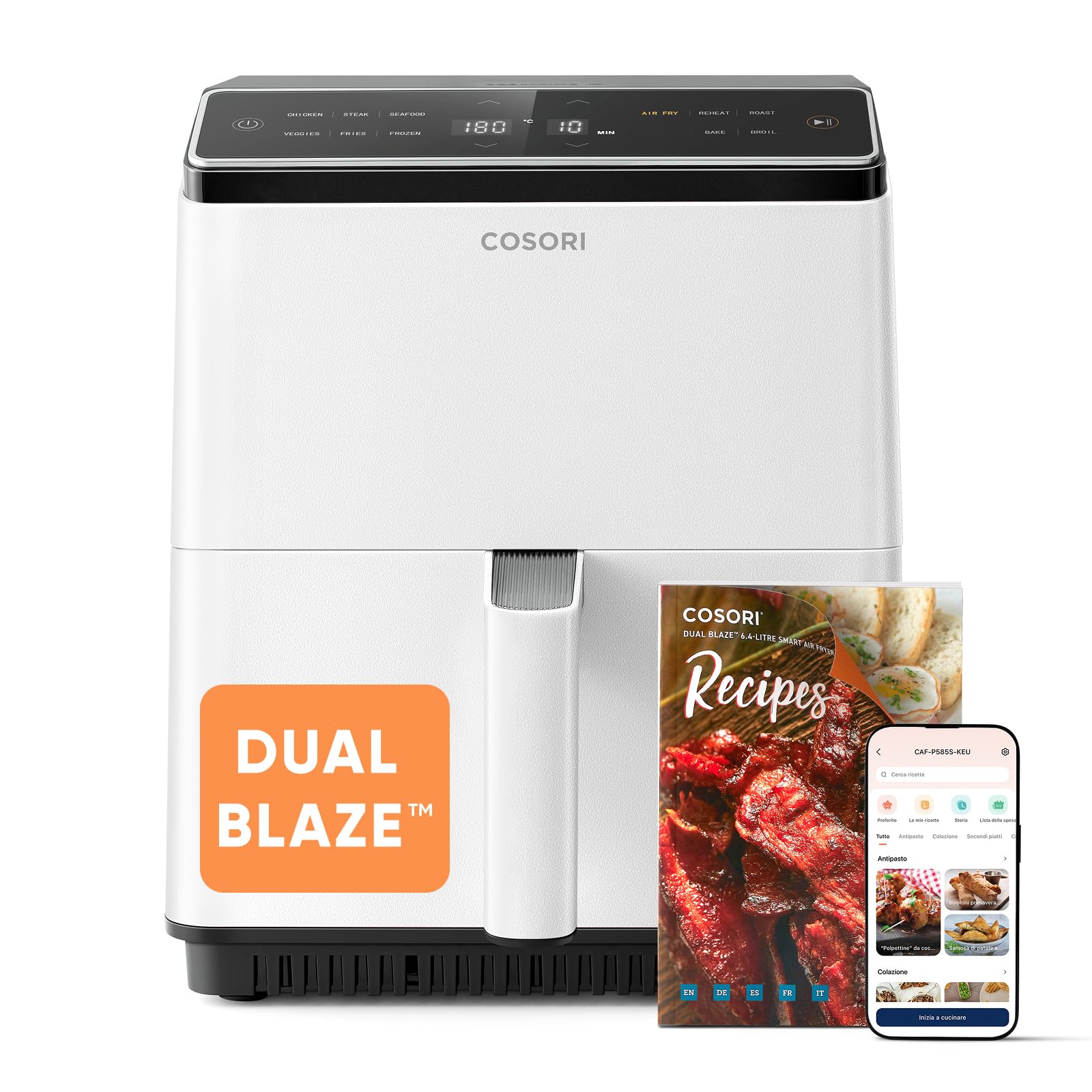 COSORI Friggitrice ad Aria, Air Fryer 6,4 Litri,Rivestimento Ceramico No PFAS, Forno Elettrico, Doppia Resistenza, Connessione Wifi, 11 Funzioni Preimpostate, Libro&APP Ricette, 1700W, P585S Bianco