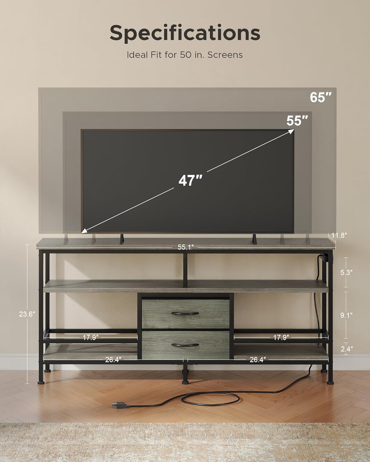 55 Inch TV Stand, Entertainment Center for 43 to 65 Inch TVs with LED Lights & Removable Charging Station, Modern Media Console Table with Open Storage Shelves & Fabric Drawers, Grey