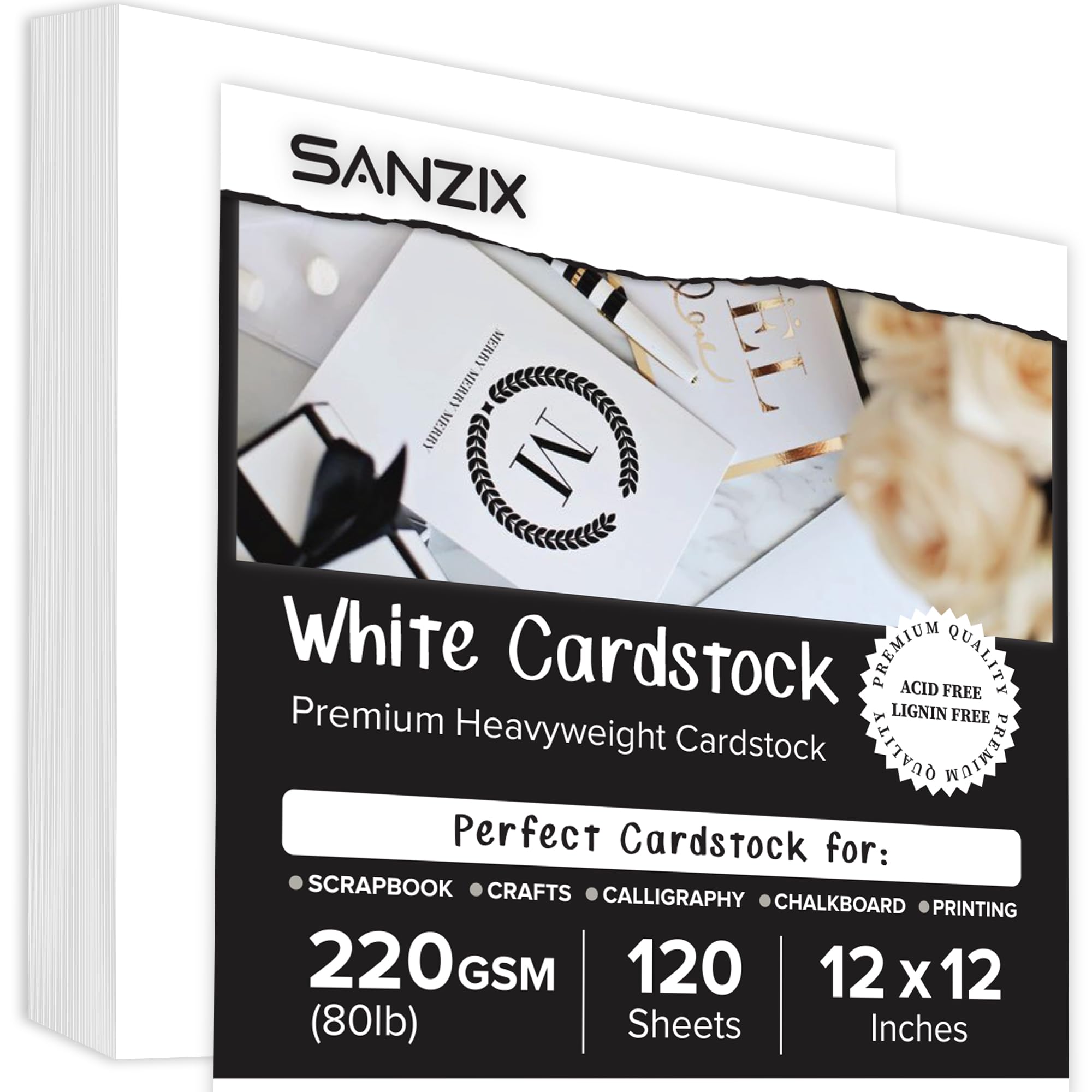 SANZIX 120 Blatt weißer Karton, 30,5 x 30,5 cm, 220 g/m², 36,3 kg – perfekt für Bastelarbeiten, Scrapbooking, DIY-Projekte, Kartenherstellung, Einladungen. Dicker weißer Karton für professionelle
