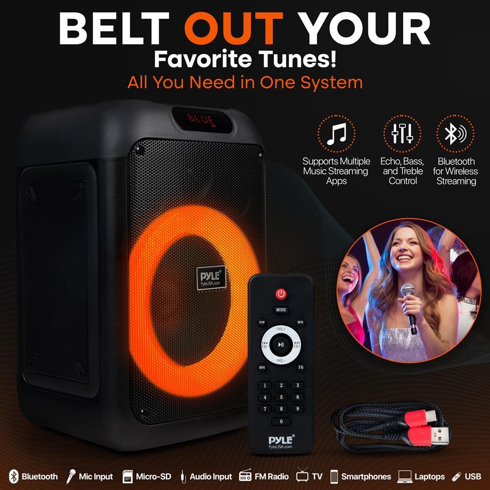Pyle głośnik PA Bluetooth do karaoke 100 W z 8-calowym głośnikiem niskotonowym – regulacja echa, basów i wysokich tonów, port USB, czytnik kart SD, radio FM, wejście mikrofonowe i światła LED