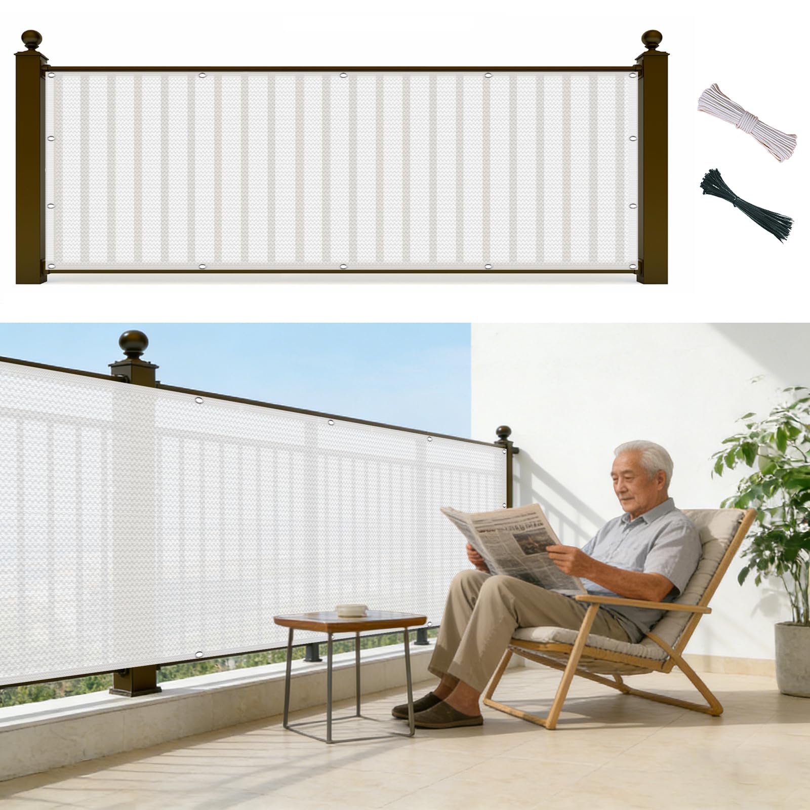Brise-vue résistant aux déchirures en toile blanche premium avec fixations pour balcon
